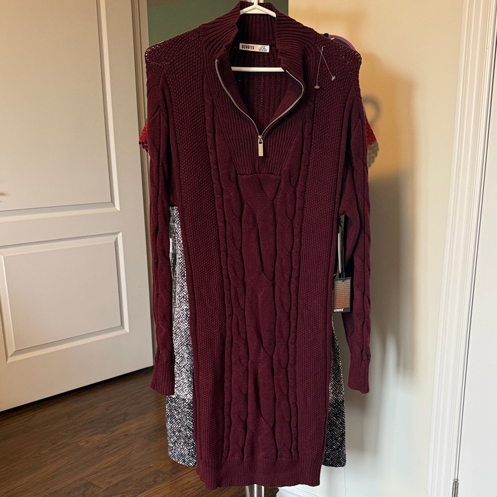 Cable-Knit Half-Zip Sweater Dress NWT- Burgundy